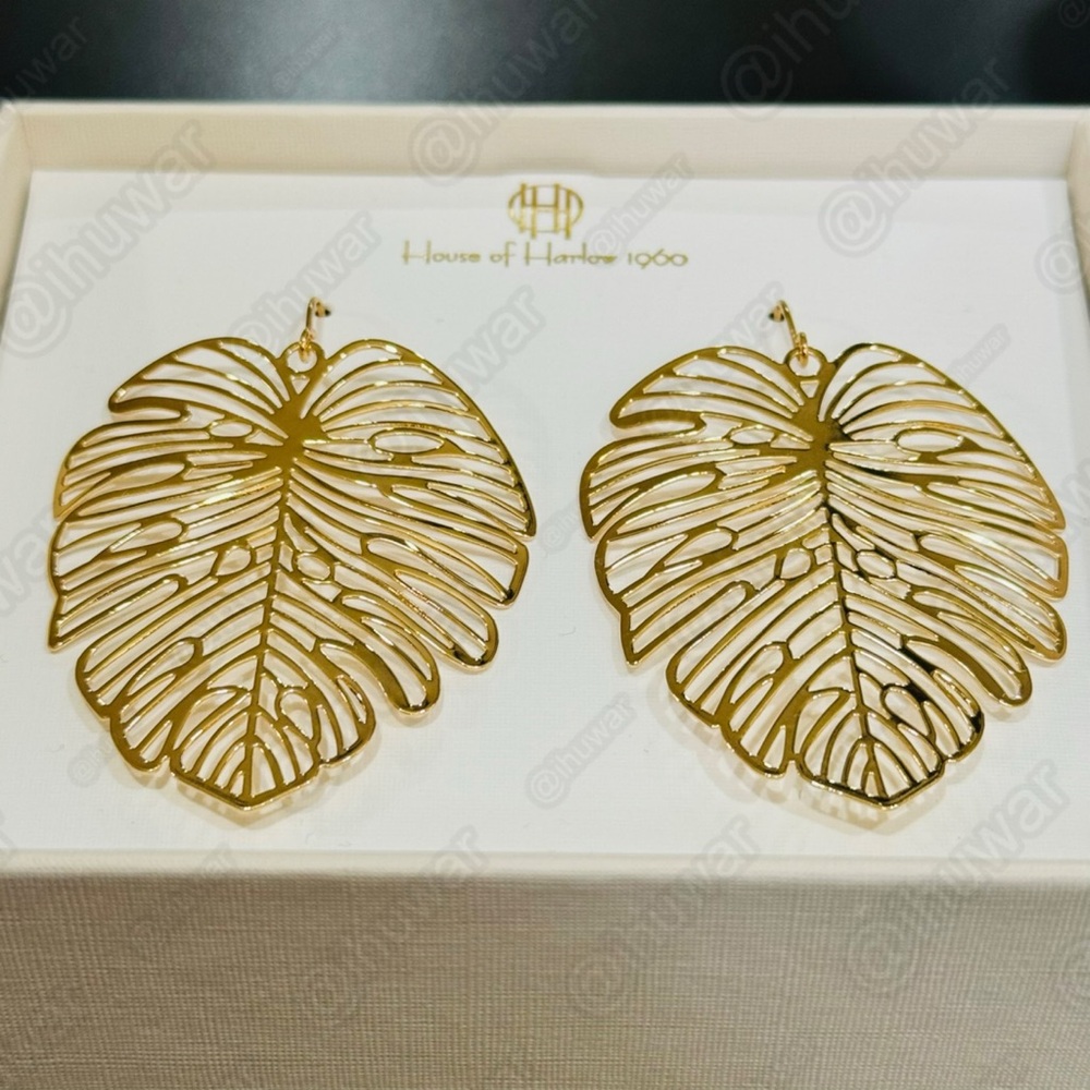 HOUSE OF HARLOW 1960 Gold Tone Palm Leaf Dangle Earrings - Picture 7 of 13
